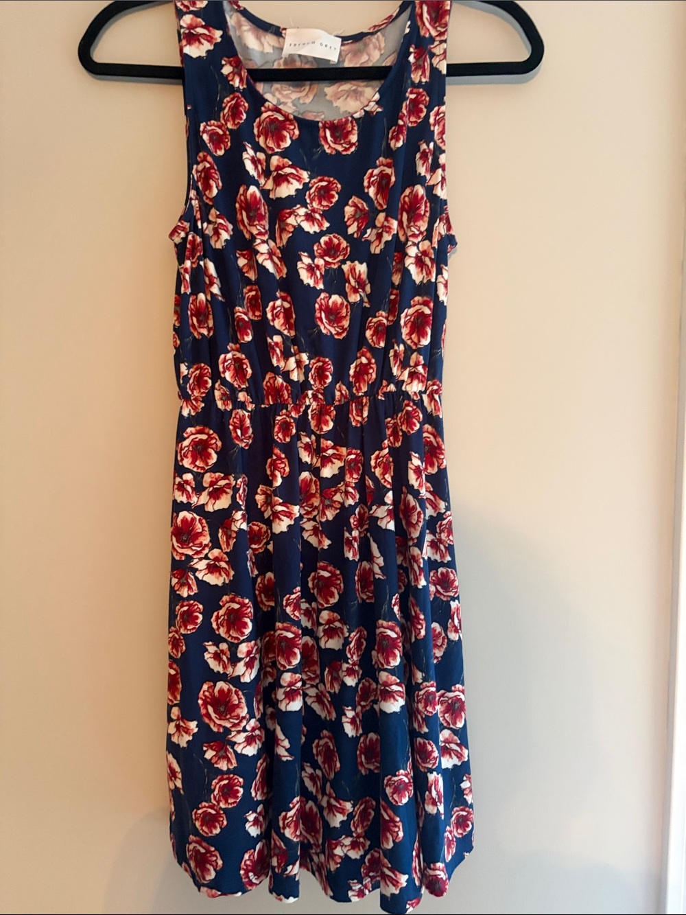 French Grey Navy Floral Tank Dress with Red and Cream Roses